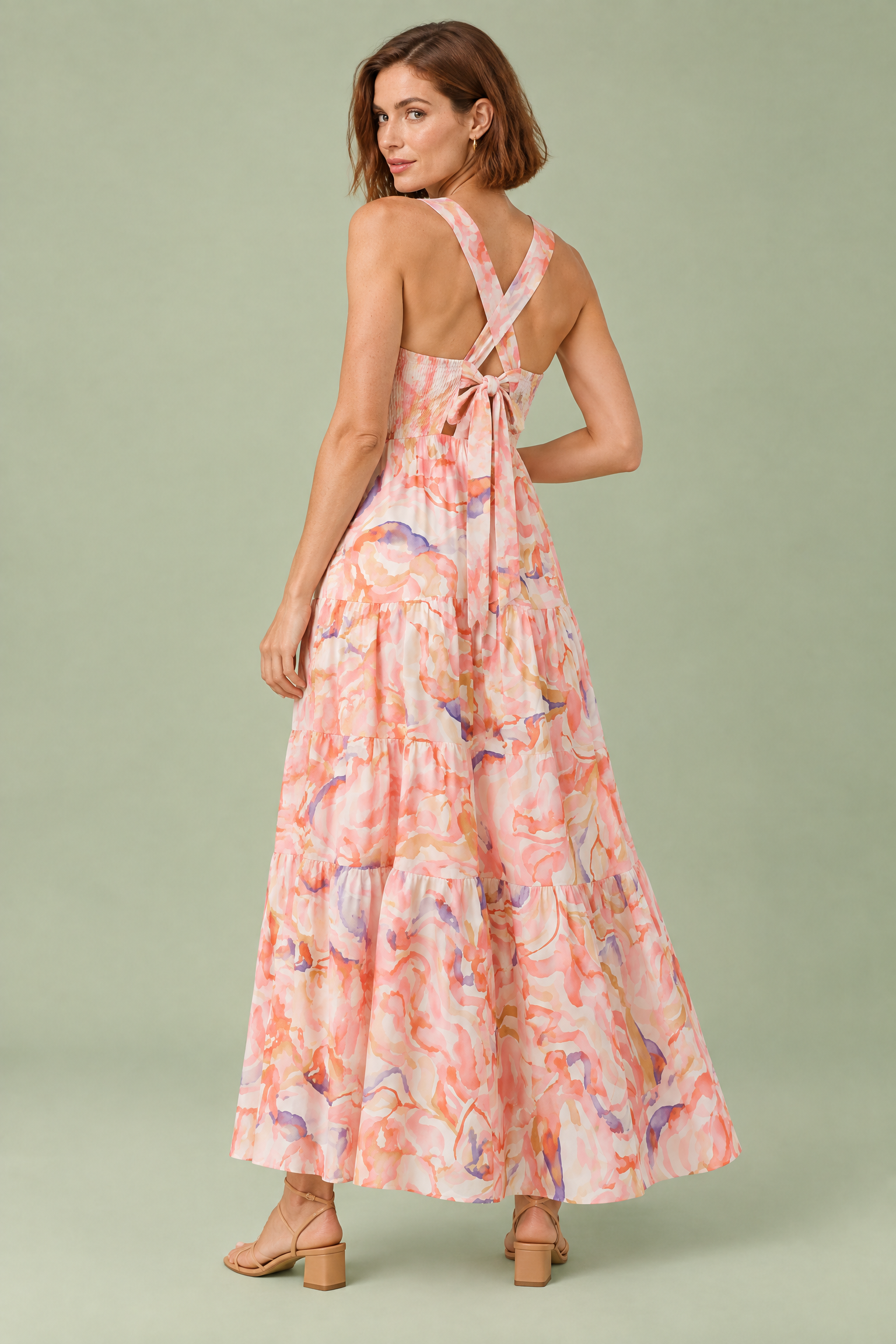 Robe midi rose à imprimé porcelaine et encolure carrée | Vue de dos | Lounelle Paris