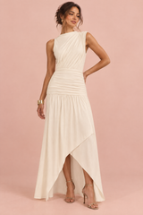 Offwhite hochgeschlossenes Maxikleid mit Raffdetails