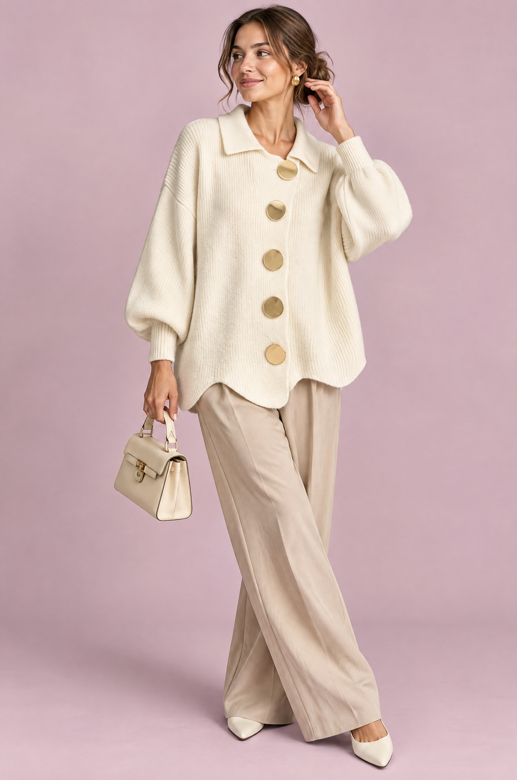 Cardigan oversize crème à col | Vue de face | Lounelle Paris