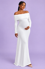 Weißes Umstands-Maxikleid aus Mesh mit Raffungen und Bardot-Ausschnitt