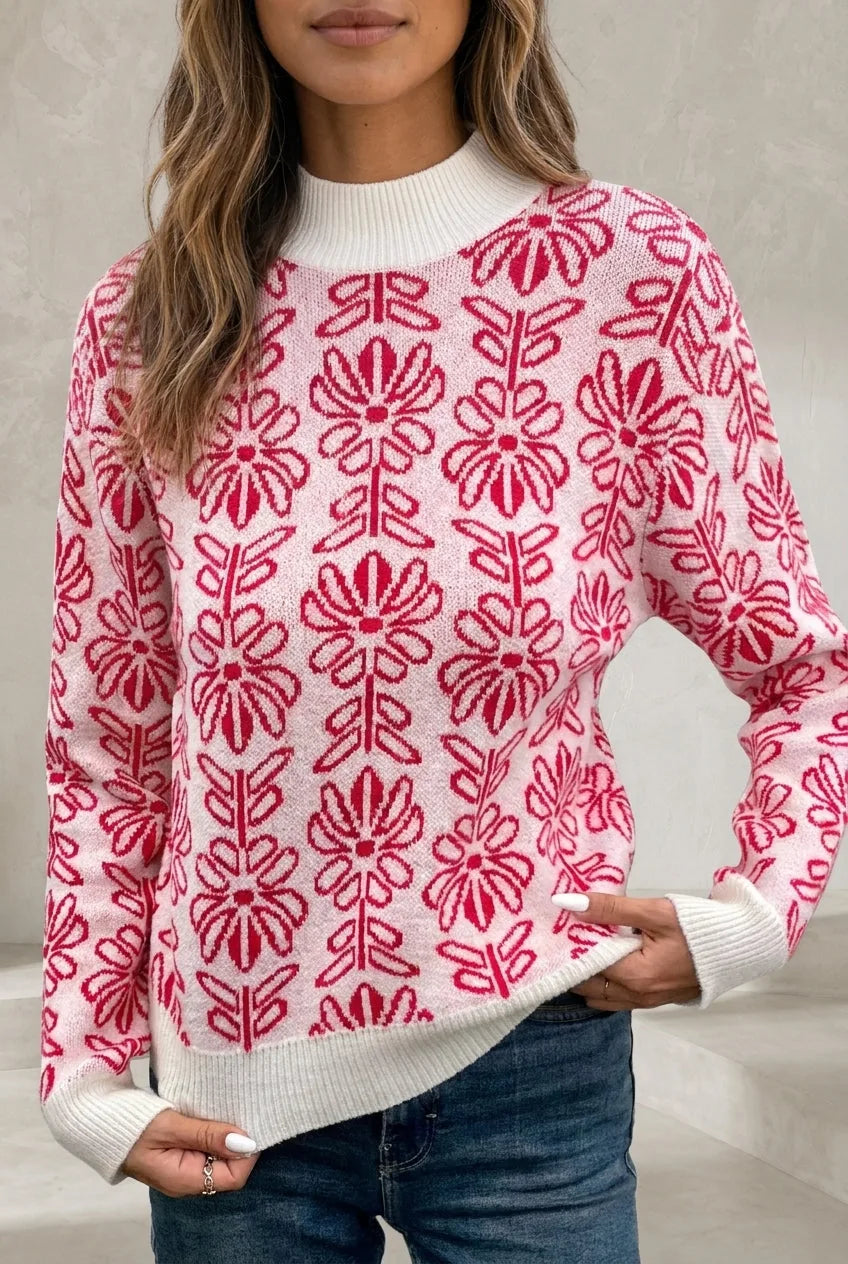 Pull rose jacquard col montant | Lounelle Paris