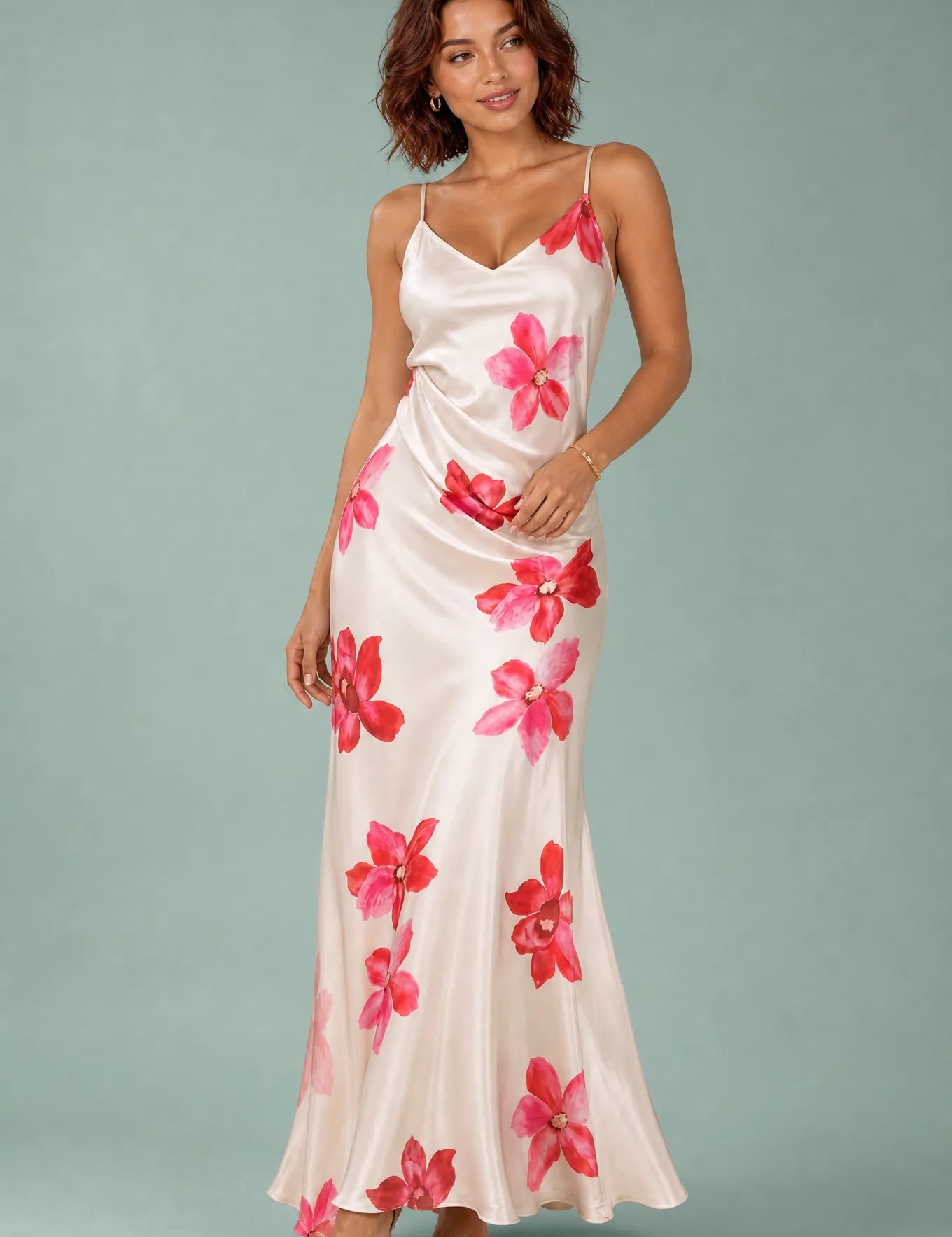 Robe beige bretelles fleurie | Vue de face | Lounelle Paris