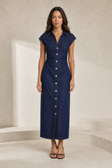 Robe en jean bleu col chemise