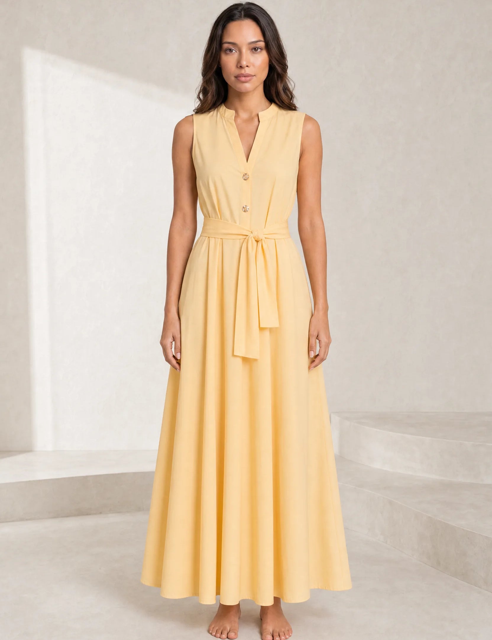 Robe jaune clair sans manches ceinturée | Lounelle Paris