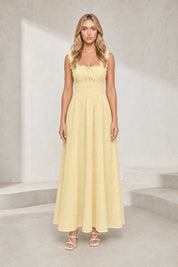 Robe jaune encolure carrée bretelles volantées | Lounelle Paris