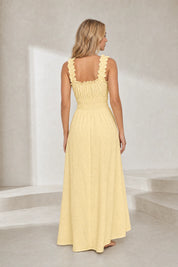 Robe jaune encolure carrée bretelles volantées | Lounelle Paris