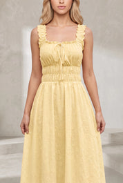 Robe jaune encolure carrée bretelles volantées | Lounelle Paris