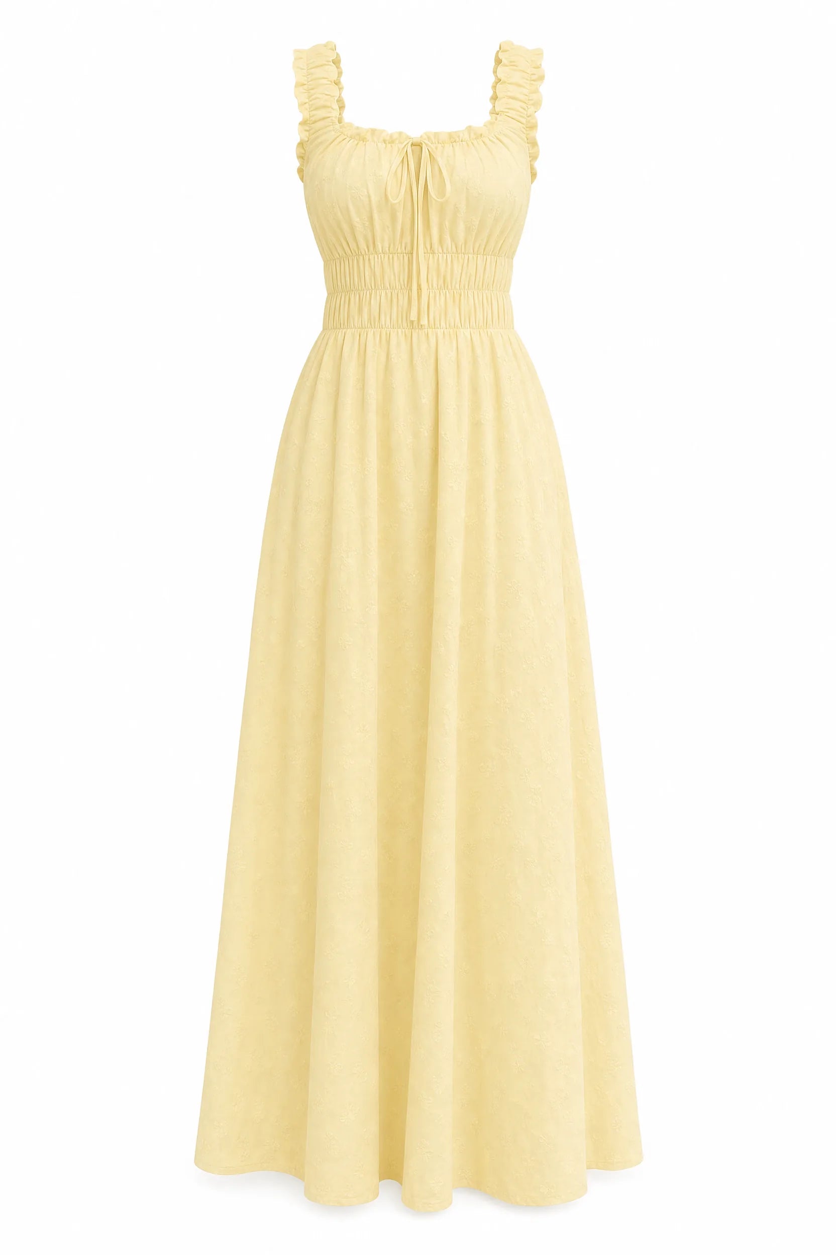 Robe jaune encolure carrée bretelles volantées | Lounelle Paris
