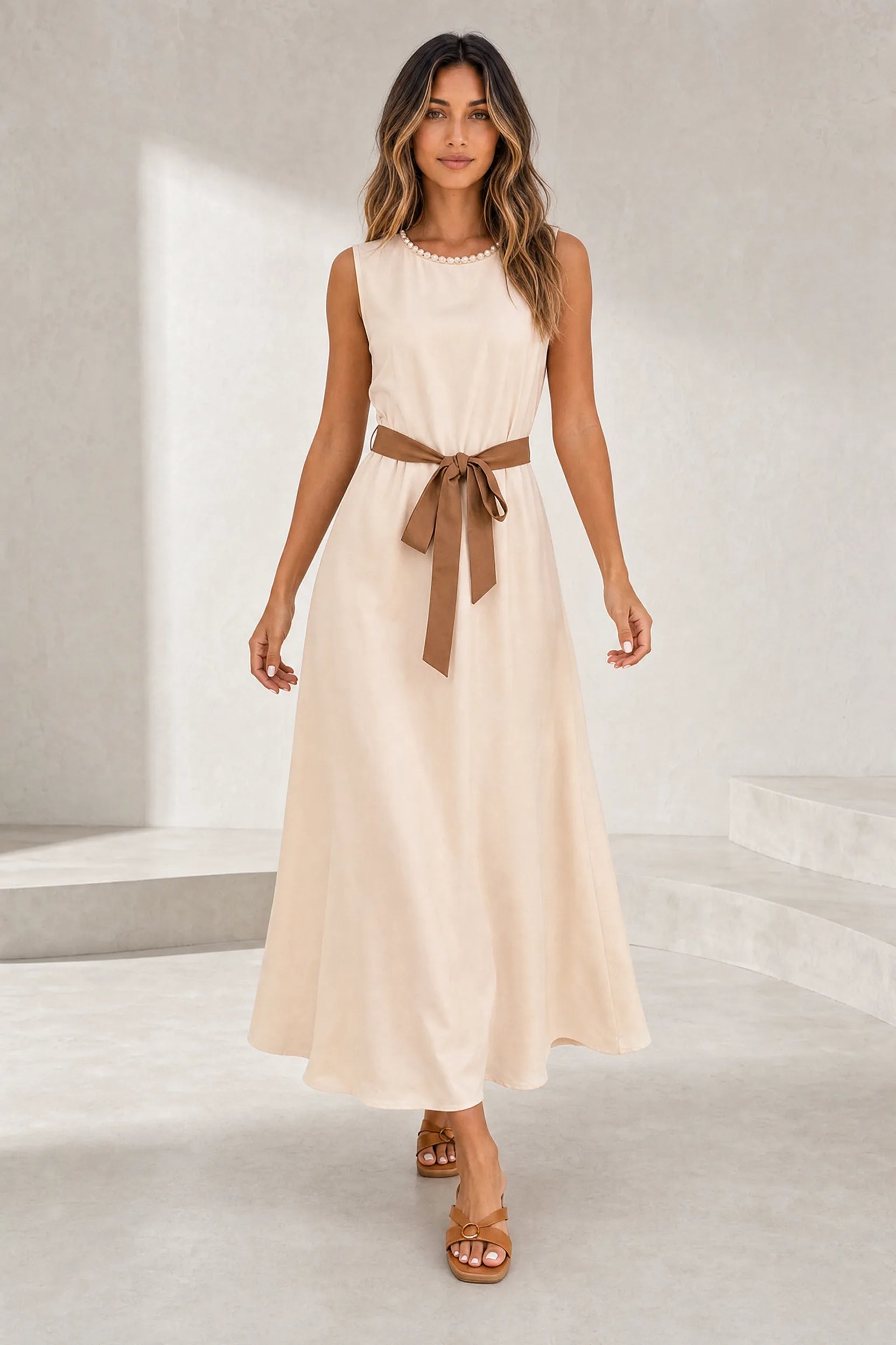 Robe longue abricot sans manches ceinturée | Lounelle Paris