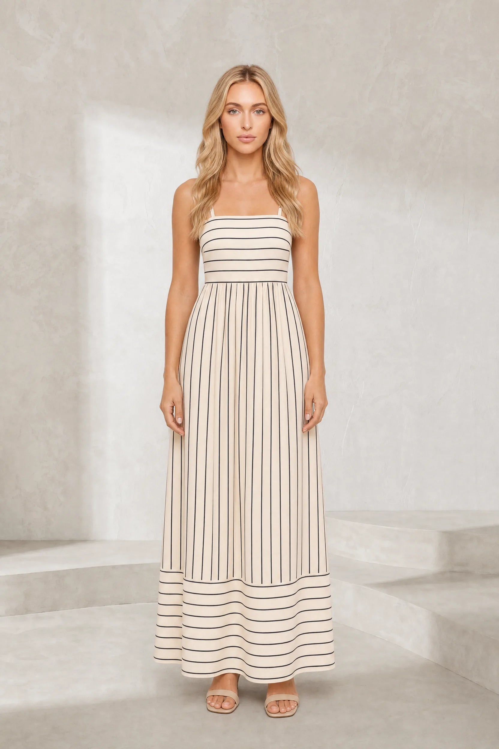 Robe longue beige rayée dos nu | Lounelle Paris