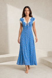 Robe longue bleue à pois col V | Lounelle Paris
