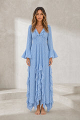 Robe longue bleue à volants