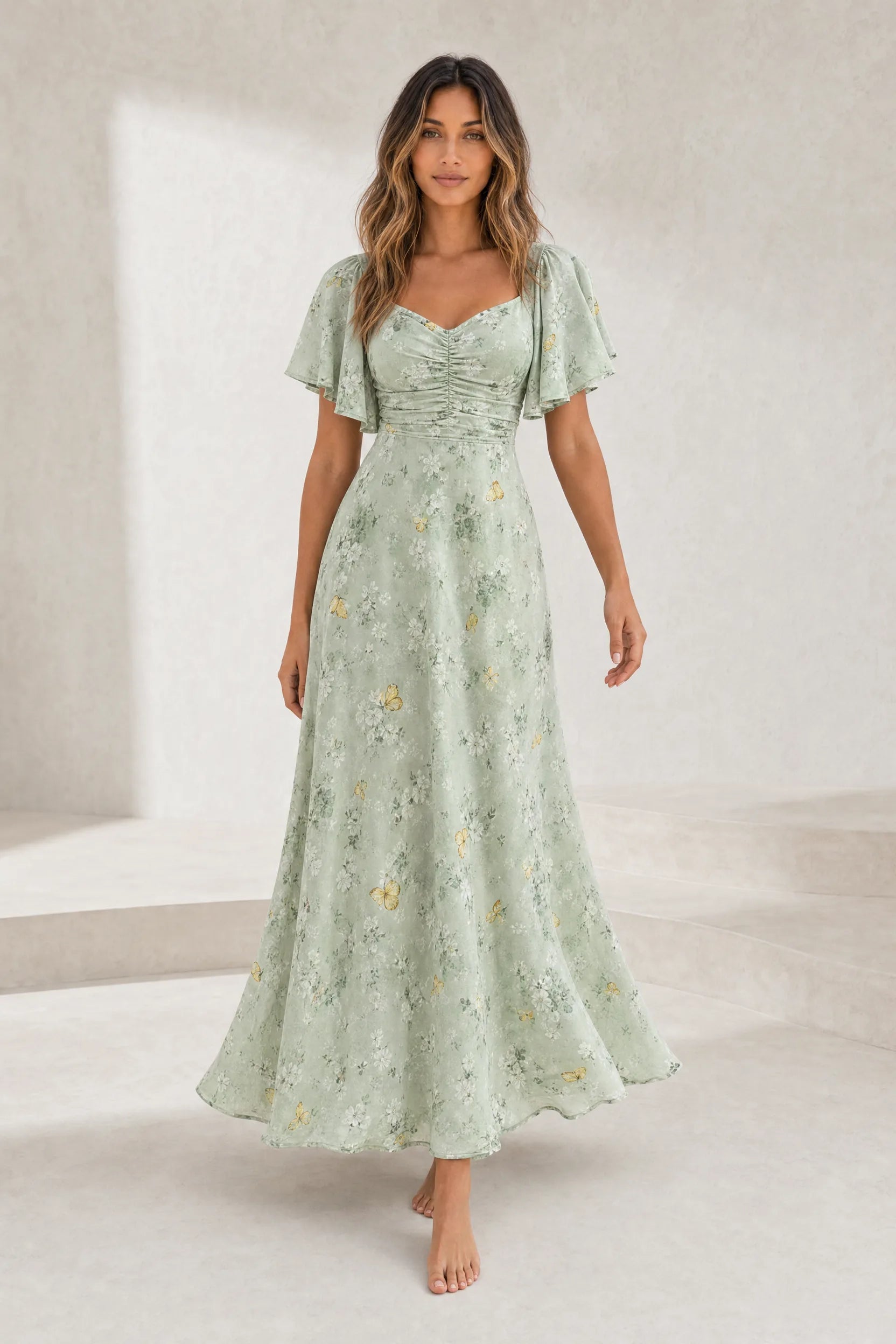 Robe longue col carré manches volantées | Lounelle Paris