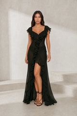 Robe longue fendue à volants