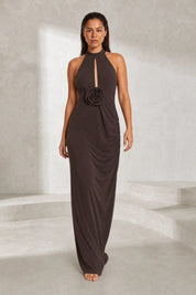 Robe longue marron foncé col licou | Lounelle Paris
