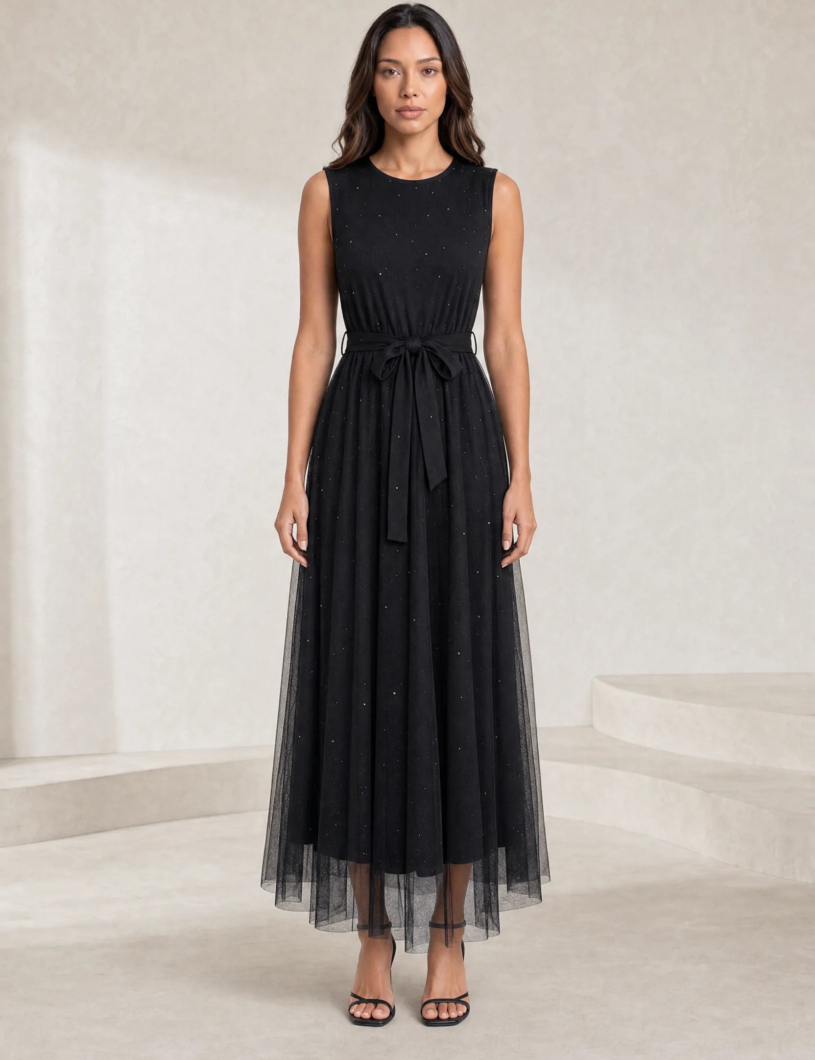 Robe longue noire tulle taille nouée | Lounelle Paris