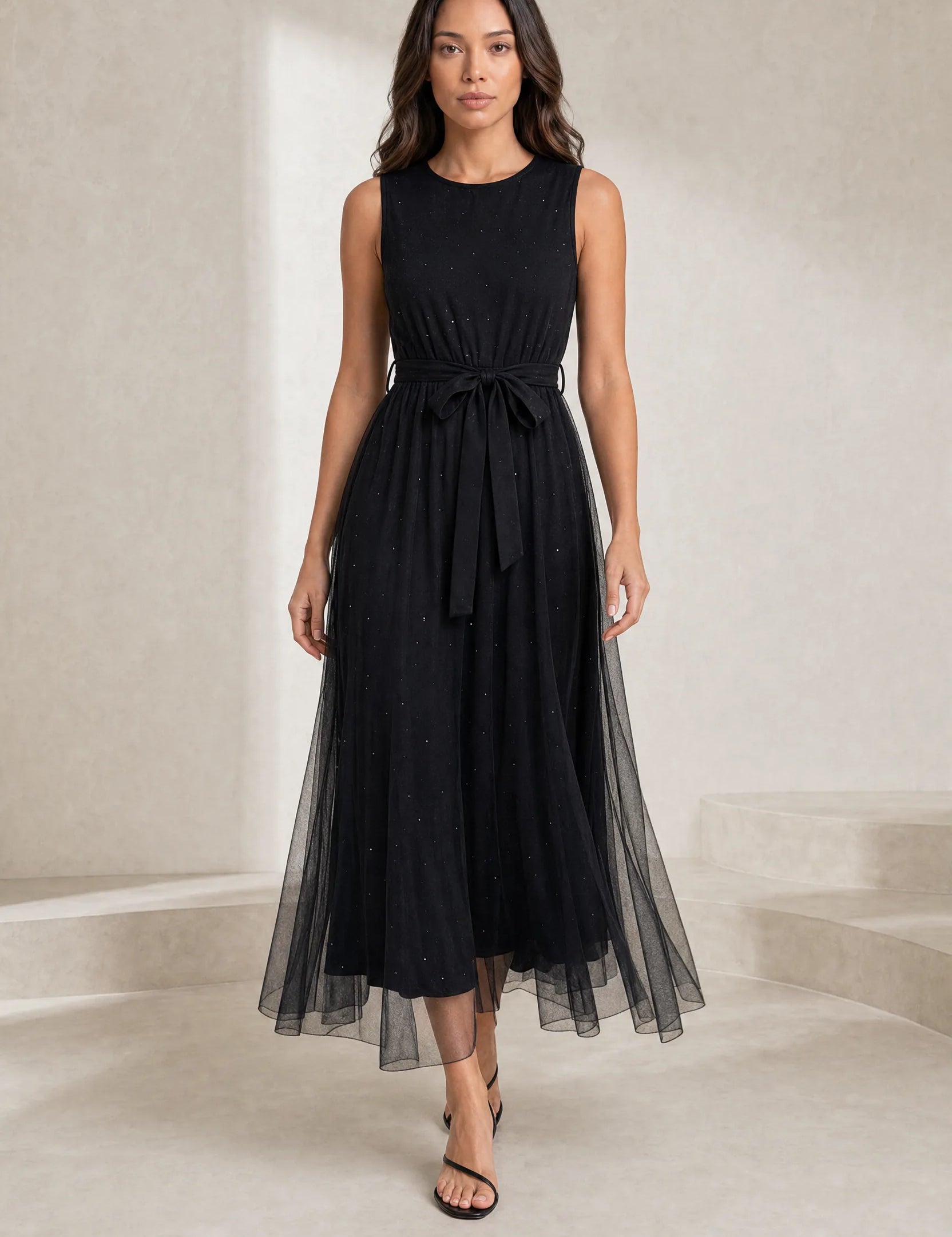 Robe longue noire tulle taille nouée | Lounelle Paris