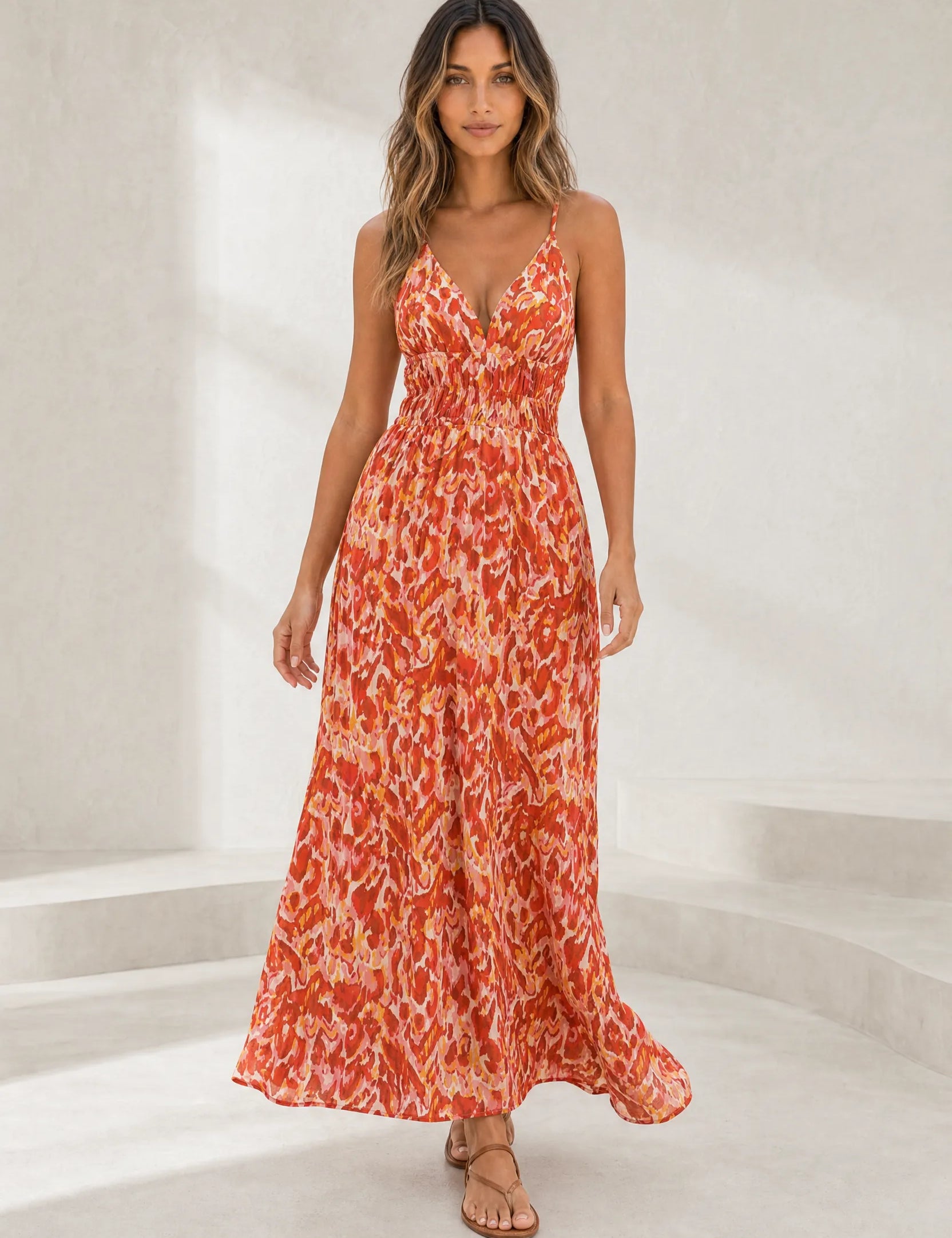 Robe longue rouge col V dos nu | Lounelle Paris