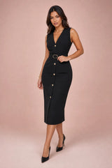 Schwarzes V-Ausschnitt-Kleid mit Gürtel