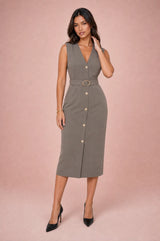 Schwarzes V-Ausschnitt-Kleid mit Gürtel
