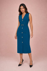 Schwarzes V-Ausschnitt-Kleid mit Gürtel