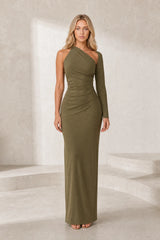 Robe olive asymétrique dos ouvert