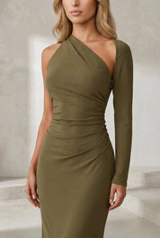 Robe olive asymétrique dos ouvert | Lounelle Paris