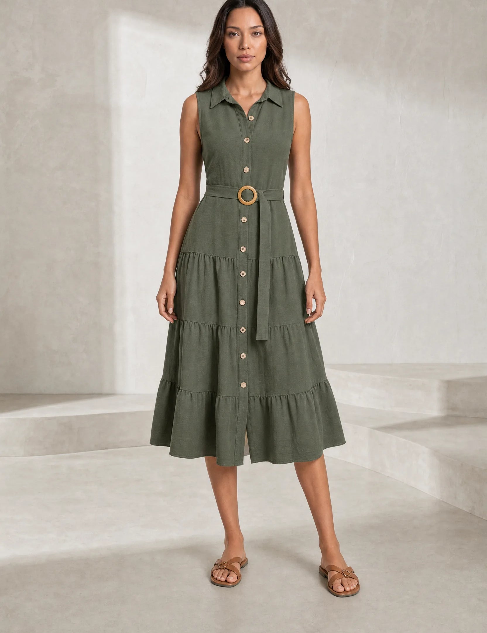 Robe vert militaire col chemise ceinturée | Lounelle Paris