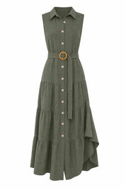 Robe vert militaire col chemise ceinturée | Lounelle Paris
