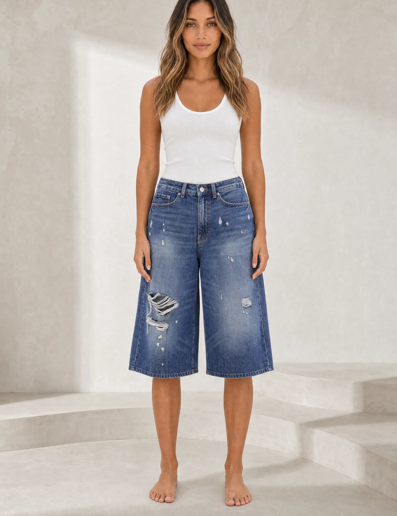 Short en jean large bleu délavé | Lounelle Paris