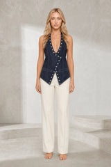 Top denim col halter dos nu