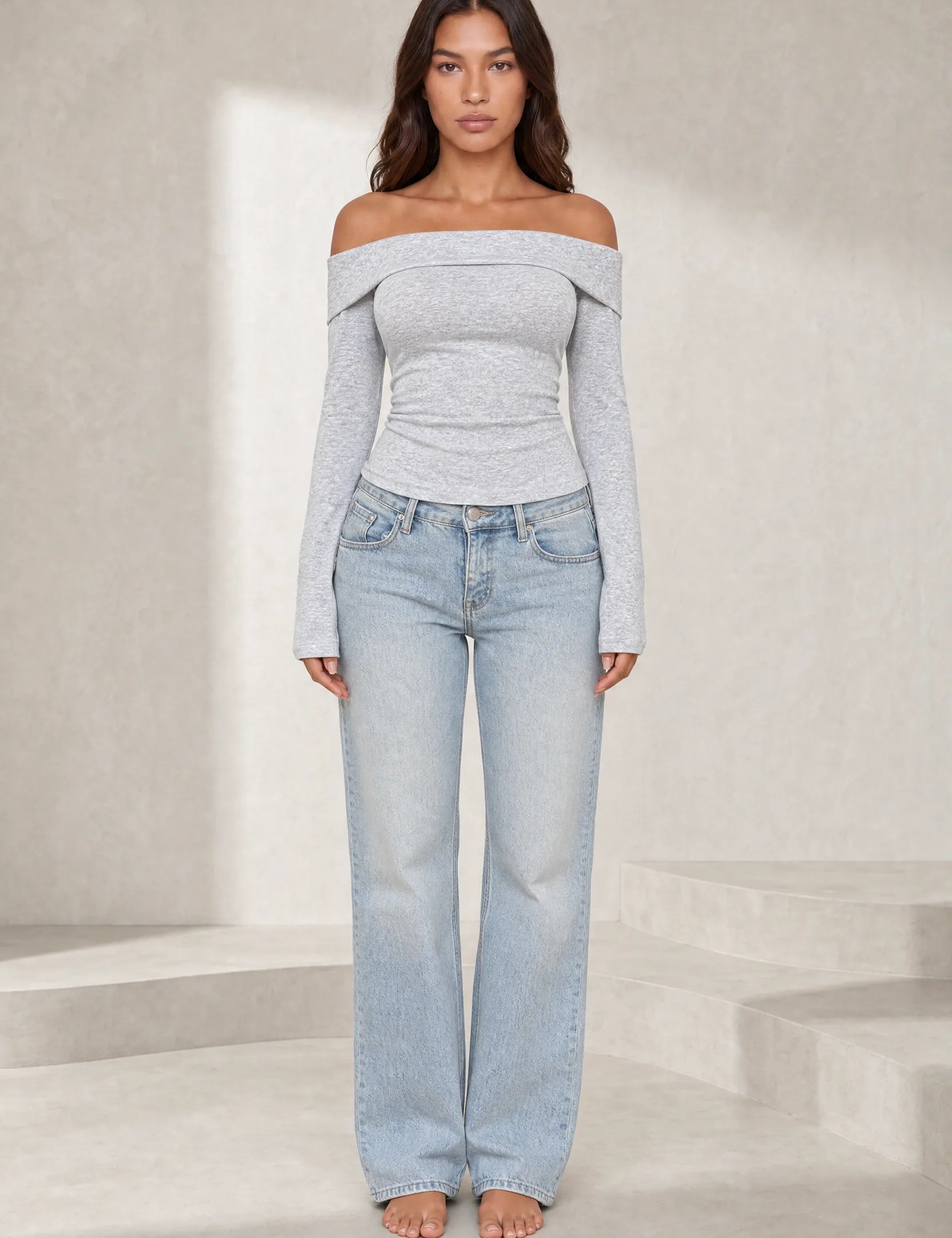 Top gris clair épaules dénudées manches longues | Lounelle Paris