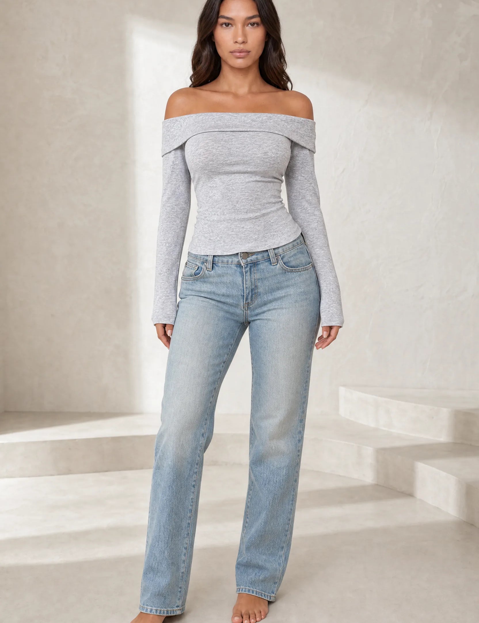 Top gris clair épaules dénudées manches longues | Lounelle Paris