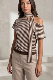 Top marron rayé épaule dénudée | Lounelle Paris