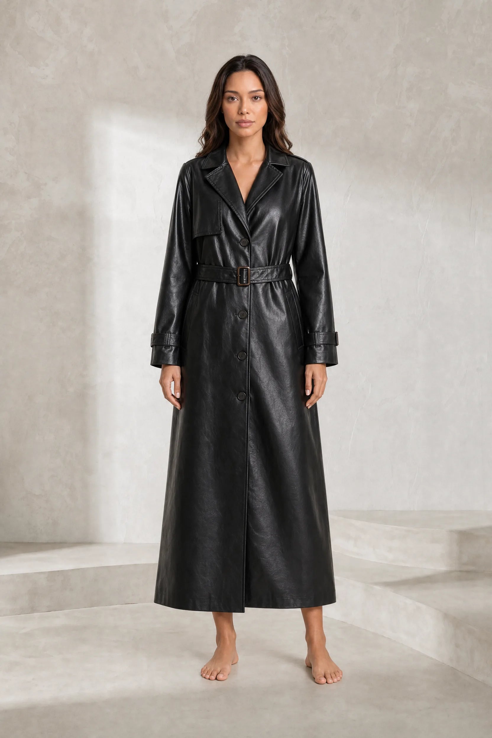 Trench long noir effet cuir | Lounelle Paris