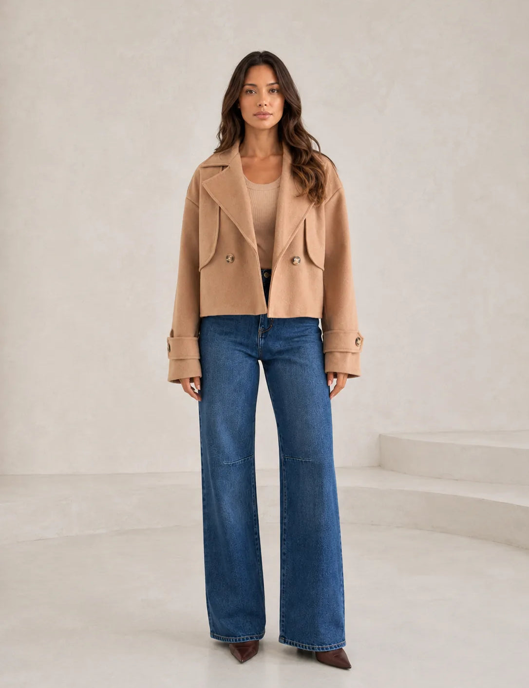 Veste courte marron ample à revers | Lounelle Paris