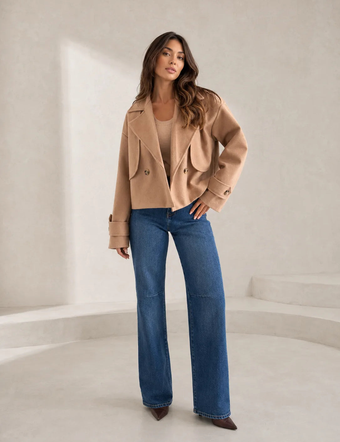 Veste courte marron ample à revers | Lounelle Paris