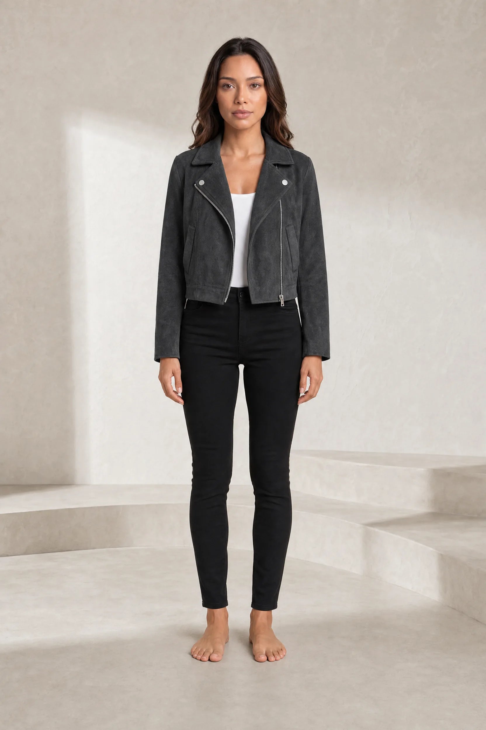Veste courte suédine zip asymétrique | Lounelle Paris