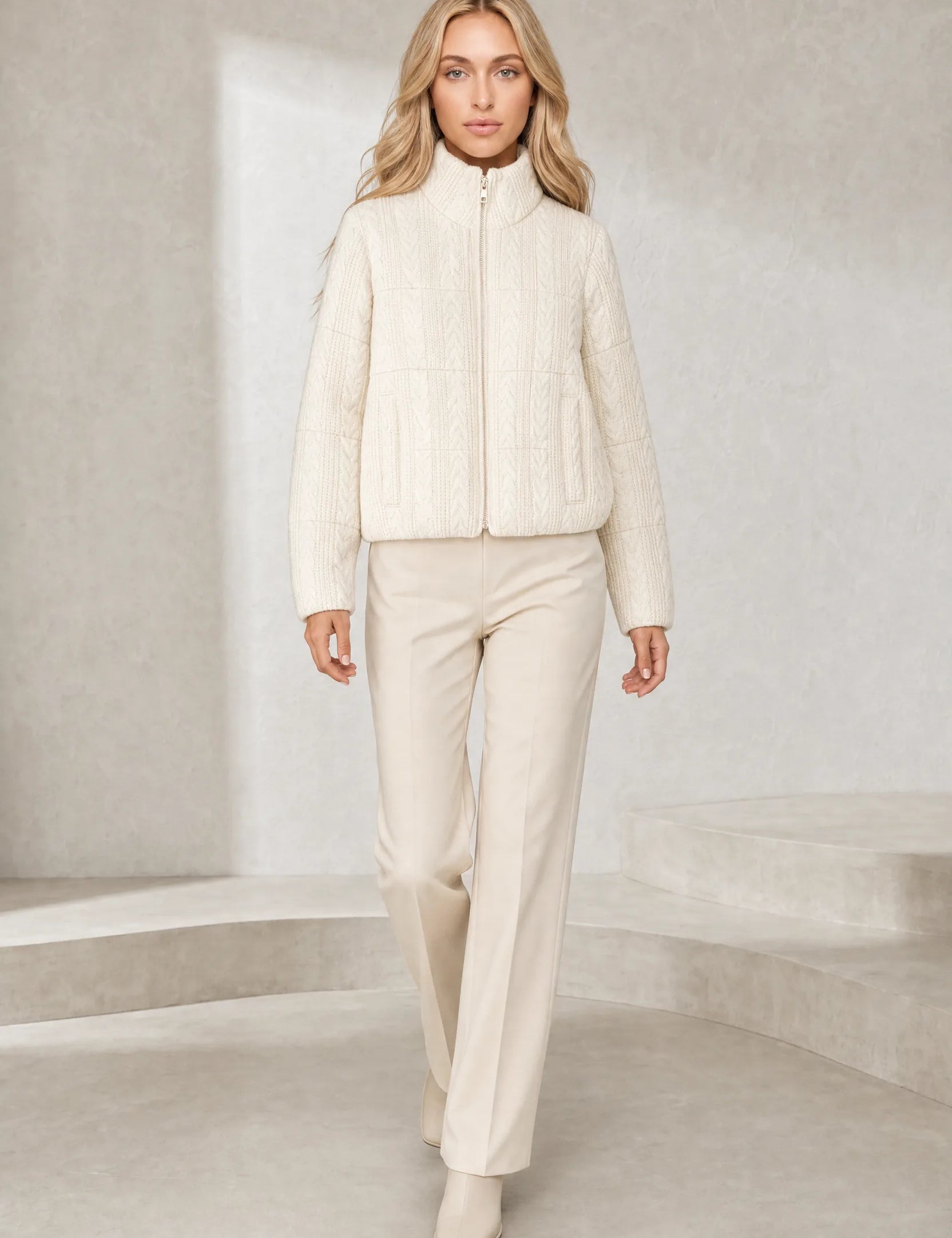 Veste maille beige col montant | Lounelle Paris